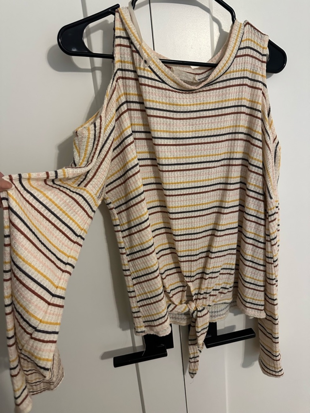 Peach Love California Cream Striped Cold-Shoulder Tie-Front Top